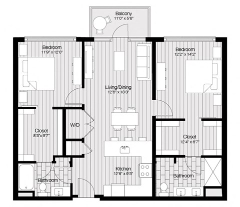 Floor plan for 2 beds, 2 baths, 1125 sqft
